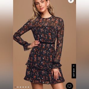 Lulus Black Floral Long Sleeve Mini Dress with Ruffles Size S